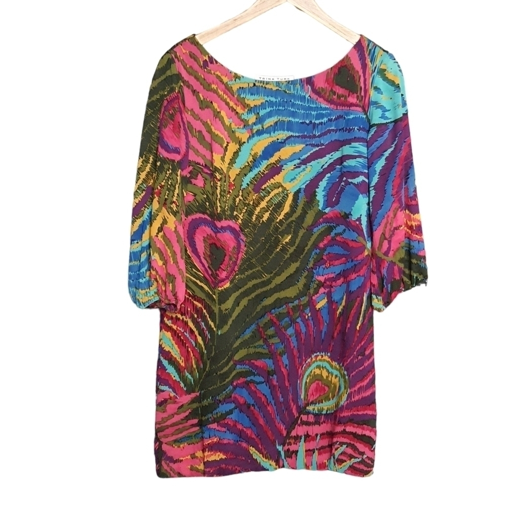 Trina Turk Dress Womens 2 Multi Color Long Sleeve Silk Blend Peacock Casual